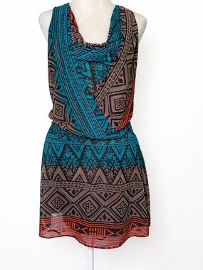 Myth Boho Tribal Print Halter Mini Dress – Turquoise & Coral Pattern